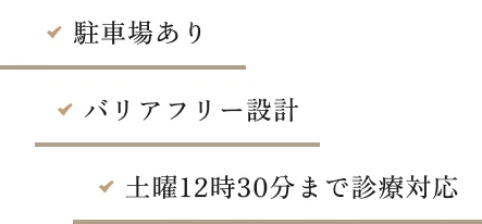 駐車場あり｜バリアフリー設計｜土曜12時30分まで診療対応